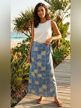 NWT Talbots Petites 12P Tropical Leaf Wrap Skirt Blue MSRP $78